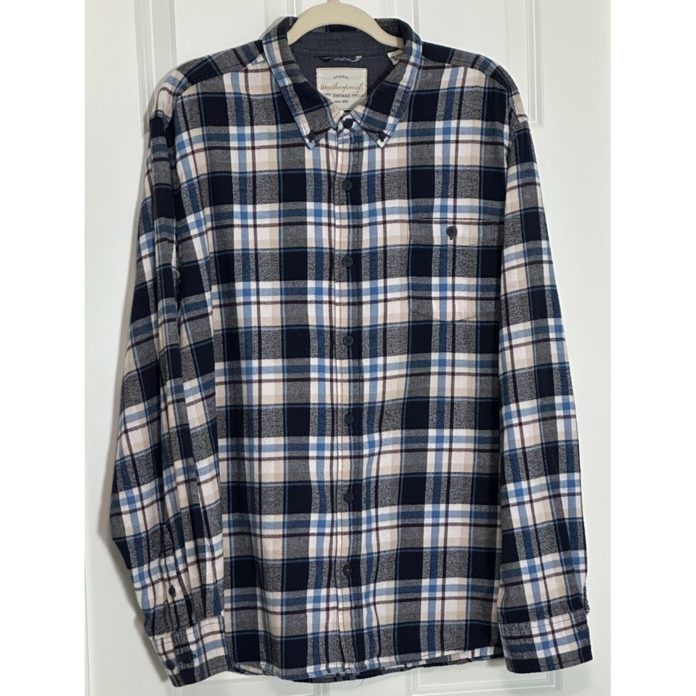 Weatherproof Vintage Flannel Button Down Shirt Men's XXL Blue Plaid Outdoor